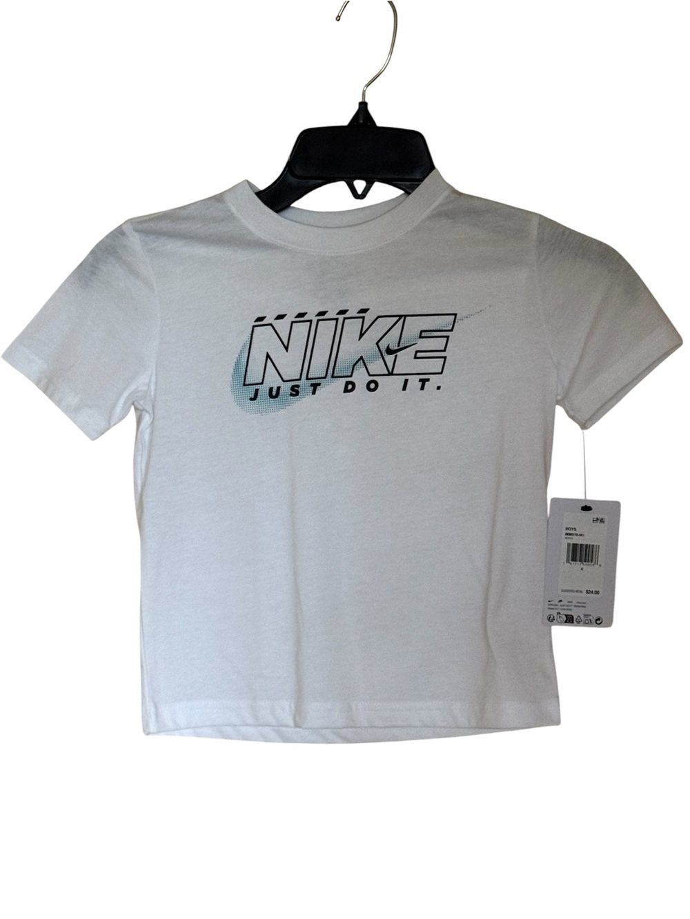 Nike White Kids Short Sleeve Tee with Black & Teal Logo